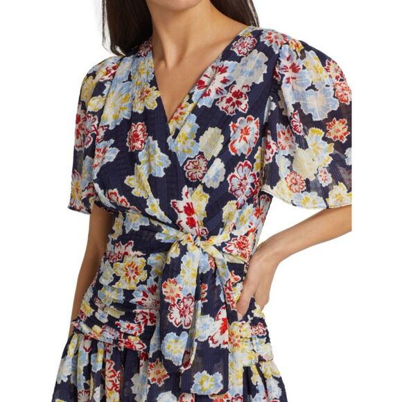 Tanya Taylor Brynn Floral Mini Wrap Dress Womens 18 Navy Floral Flutter Sleeves - Picture 4 of 16